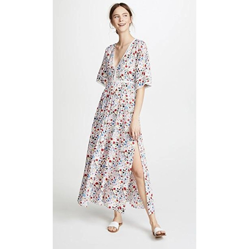 Kos Resort V-Neck Floral Maxi Dress Cottagecore Prairiecore Romantic Sz SMALL - Picture 2 of 16
